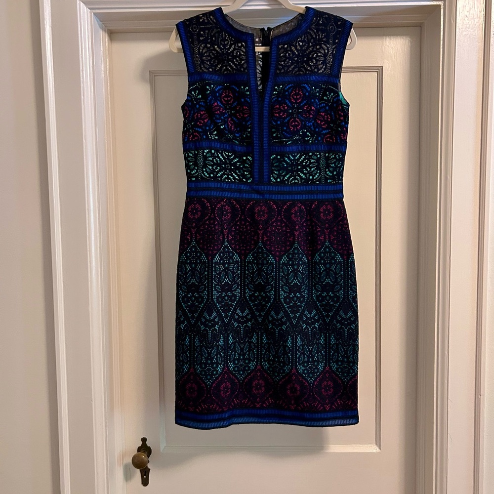 Tadashi Shoji Navy, Teal & Purple Sleeveless Patterned Sheath Dress